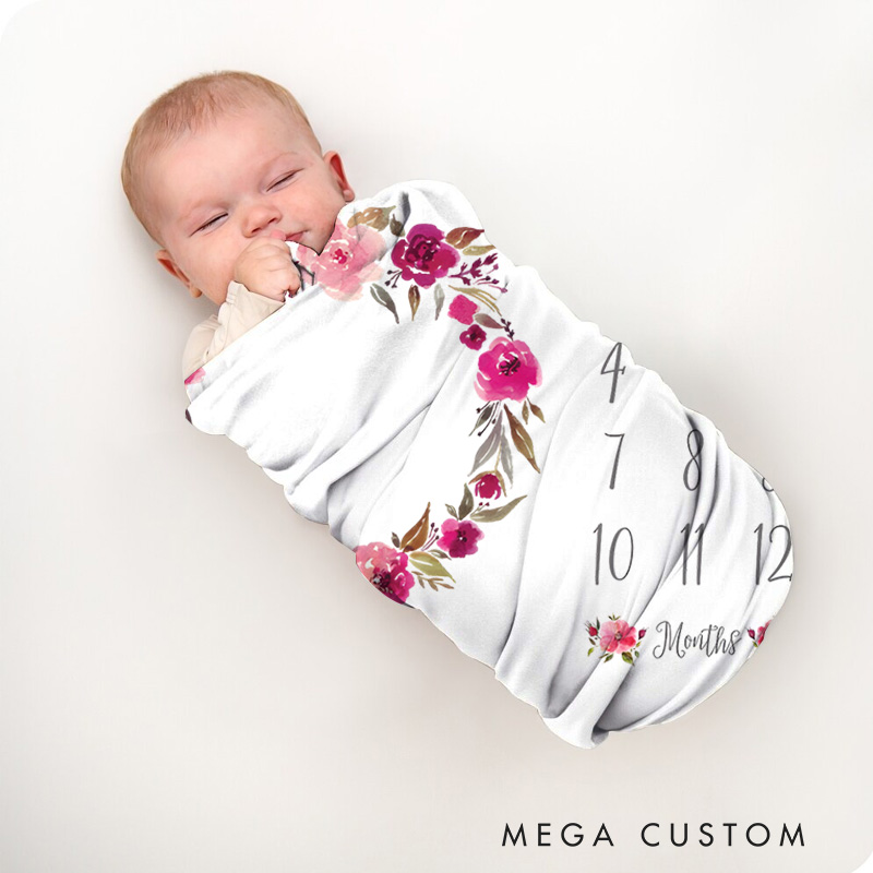 Personalized Floral Wreath Milestone Baby Blanket Highlighting A Delicate Growth Tracker Baby Blanket