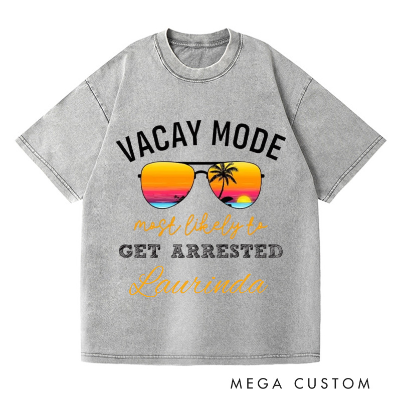 Personalized Vacay Mode Washed T-Shirts Summer Vacation Shirt Trendy Tee Colorful Patterned Shirt Gift For Traveler