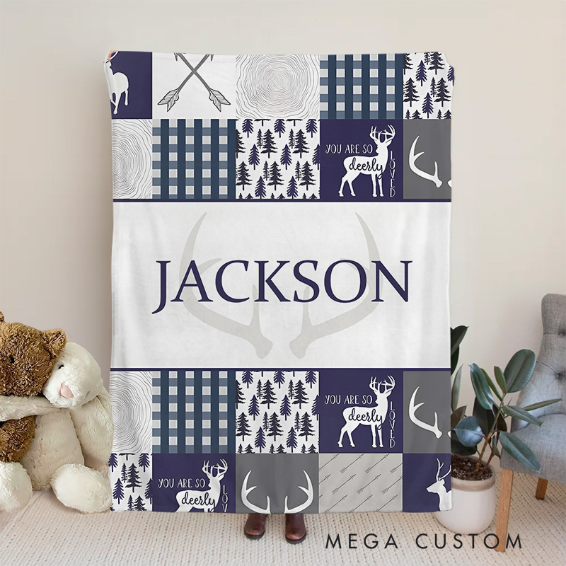 Personalized Plaid And Deer Pattern Baby Blanket Featuring A Bold Name And Rustic Elements Baby Blanket
