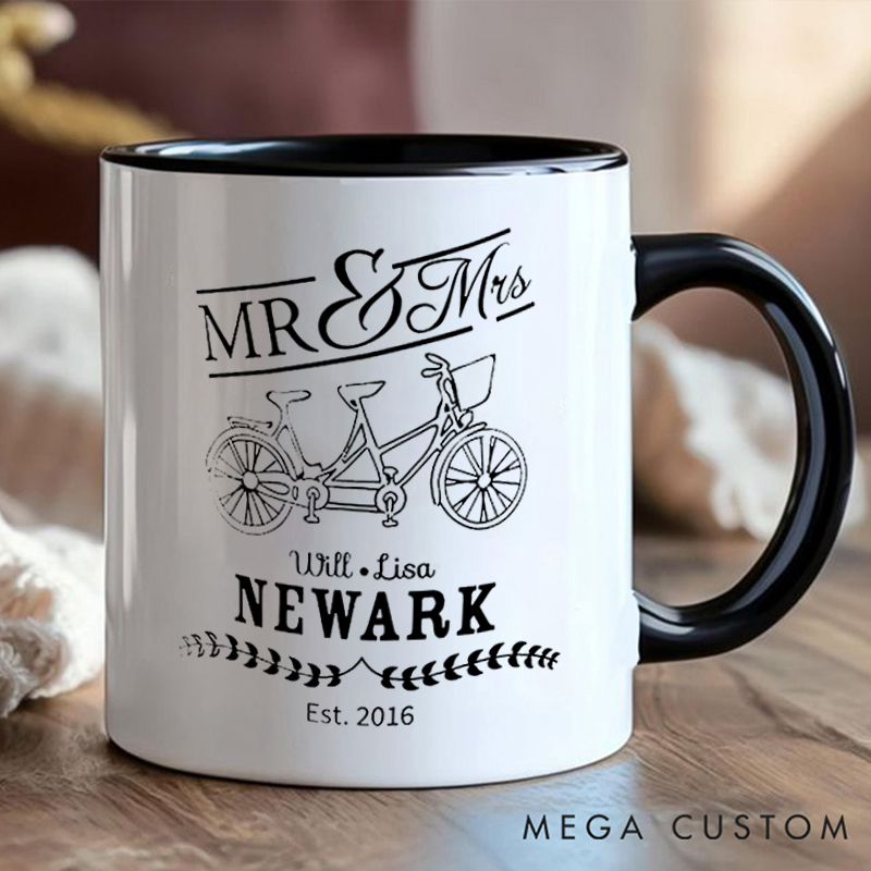 Personalized Mr Mrs Tandem Bike Coffee Cup Mug with Celebrate Wedding Anniversary for Outdoor Adventures Riding Cycling Biking Enthusiasts
