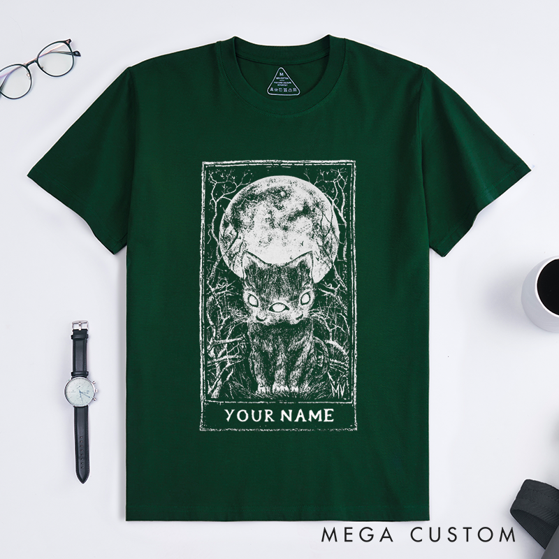 Personalized Tarot Lovers Classic T-Shirts The Moon Tarot Card T-Shirt Gothic Style Dark Cat Gift