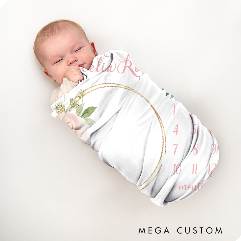 Personalized Floral Milestone Baby Blanket Featuring A Beautiful Flower Wreath And Tracker Baby Blanket