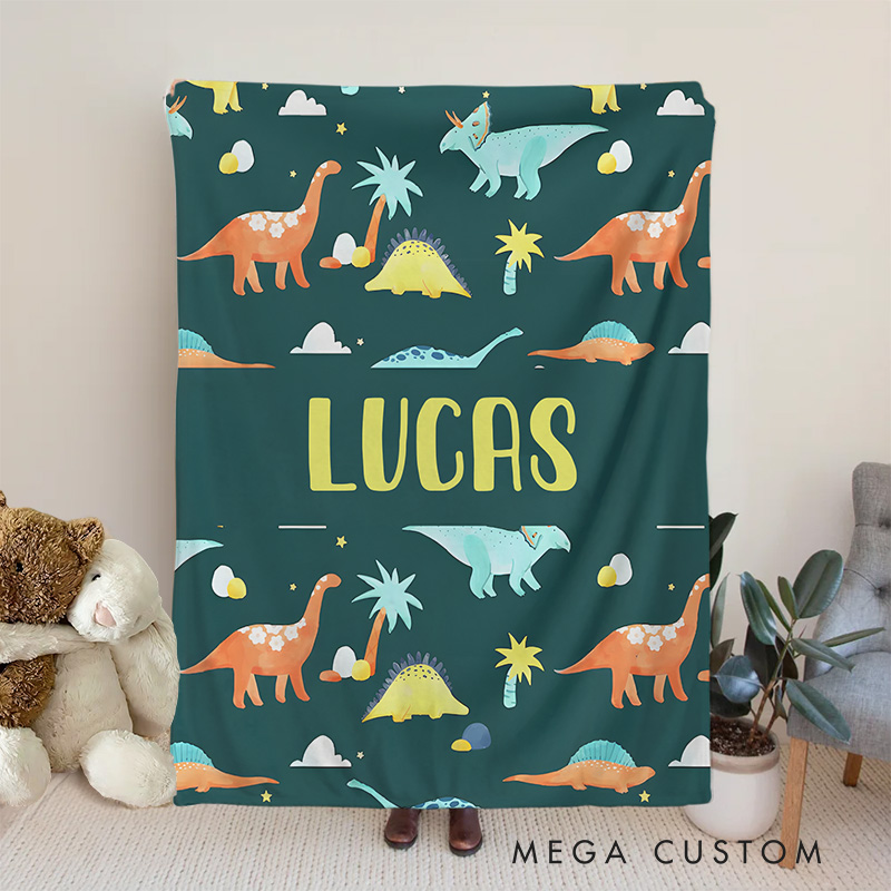 Personalized Dinosaur Illustration Baby Blanket Featuring Bold Dinosaur Prints And A Name Baby Blanket