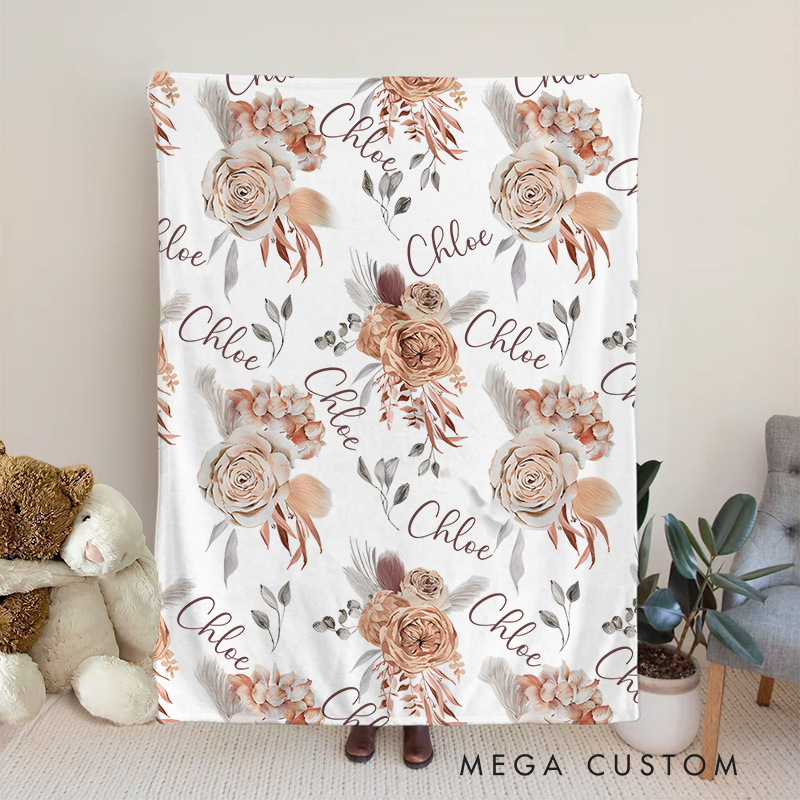 Personalized Floral Name Pattern Baby Blanket Featuring Elegant Roses And Repeated Names Baby Blanket