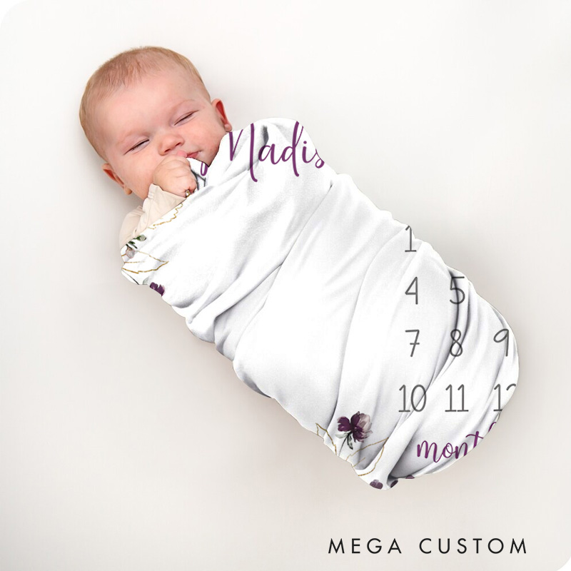 Personalized Floral Milestone Baby Blanket Highlighting Delicate Flowers And Growth Tracker Baby Blanket