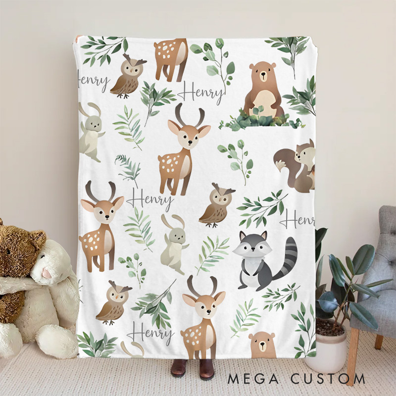 Personalized Woodland Animal Baby Blanket Showcasing Playful Forest Creatures And Nature Details Baby Blanket