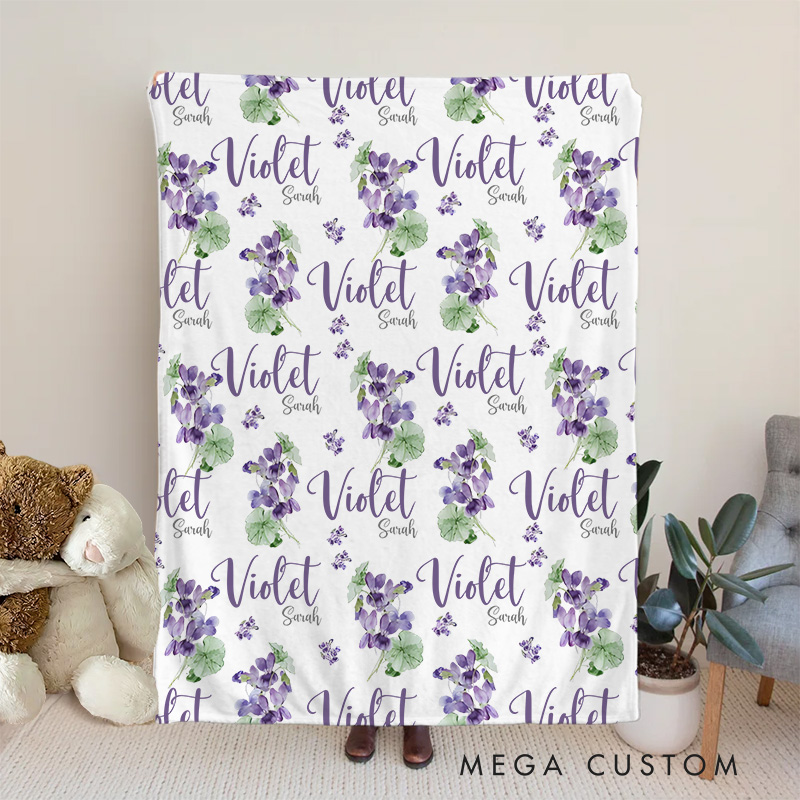 Personalized Name And Floral Pattern Baby Blanket Featuring Repeated Names And Lovely Flowers Baby Blanket