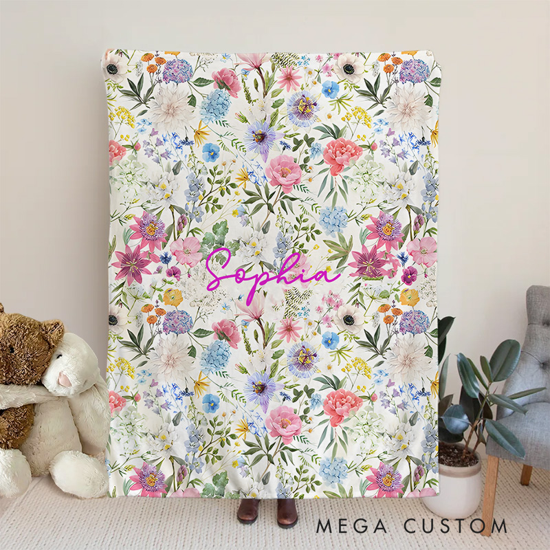 Personalized Colorful Floral Baby Blanket Highlighting A Vibrant Flower Pattern With A Name Baby Blanket