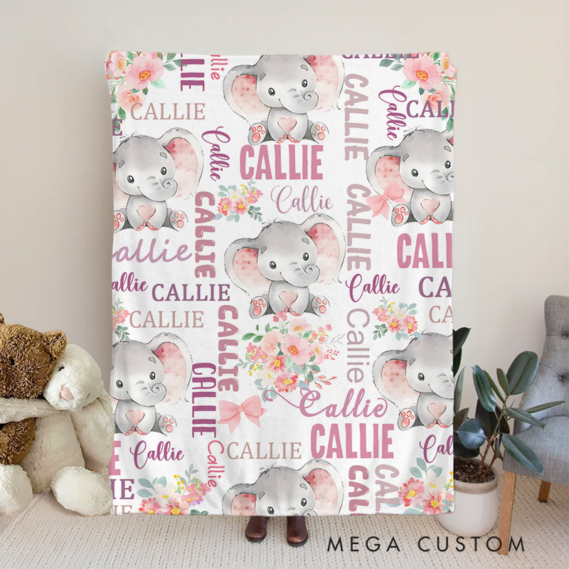 Personalized Cute Pink Blue Floral Elephant Soft Throw Blanket with Multiple Names Nursery Room Decor Birthday Baby Shower Gift for Boys Girls Baby Blanket