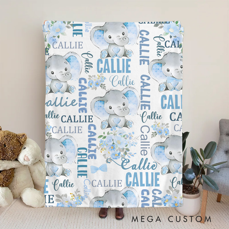 Personalized Cute Pink Blue Floral Elephant Soft Throw Blanket with Multiple Names Nursery Room Decor Birthday Baby Shower Gift for Boys Girls Baby Blanket