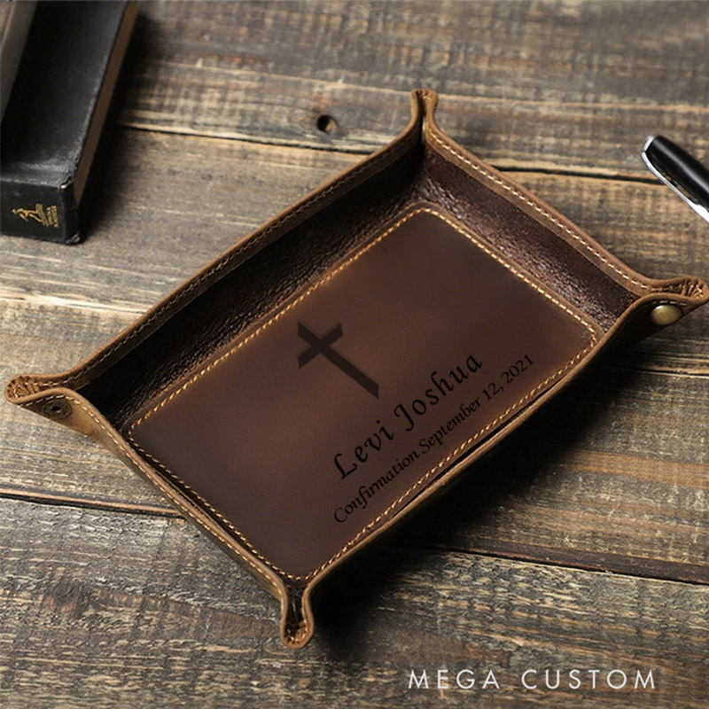 Personalized Cross Retro Crazy Horse Leather Tray with Name and Cross Confirmation Gift Christening Religious Gift for Christian