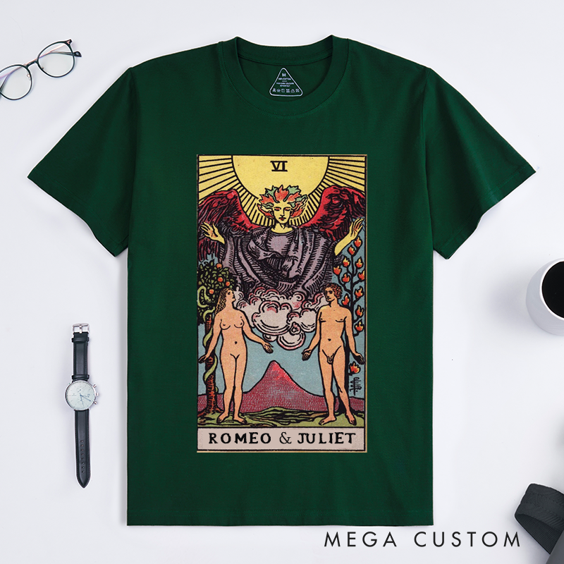 Personalized Lovers Tarot Card Classic T Shirts Custom Name Unique Art Unisex Gift for Couples Friendship Anniversary Birthday Spiritual Fashion