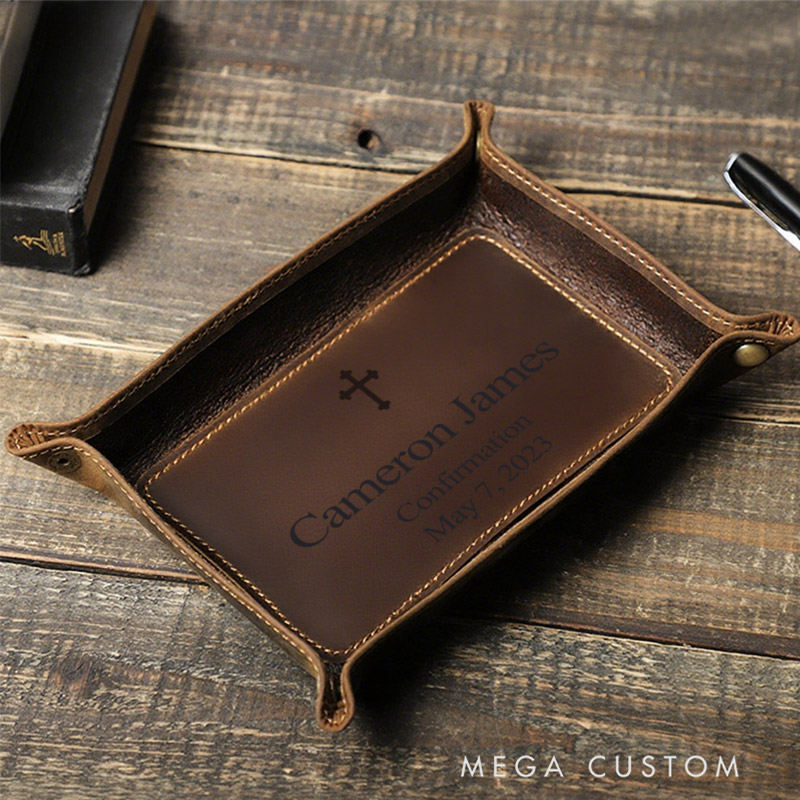 Personalized Confirmation Cross Retro Crazy Horse Leather Tray with Name and Date Confirmation Gift Christening Religious Gift for Christian