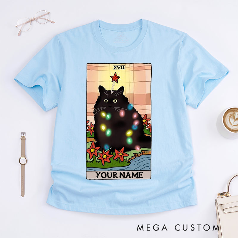 Personalized Black Cat Tarot Card Classic T-Shirts Christmas Lights Design Unique Gift for Cat Lovers Unisex Tee Stylish Top