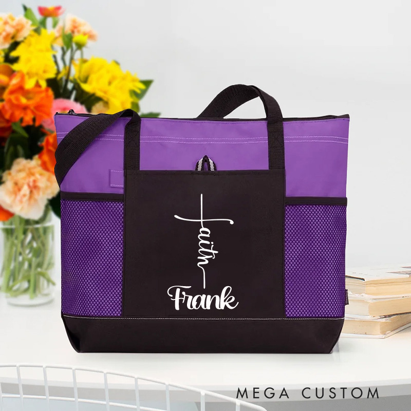 Personalized Faith Cross Tote Bag with Name and Zipper Large Capacity Religious Accessory Gift for Christian Religious Christian Gifts 