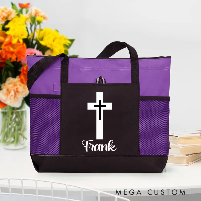 Personalized Cross Tote Bag with Name and Zipper Large Capacity Religious Accessory Gift for Christian Religious Christian Gifts 