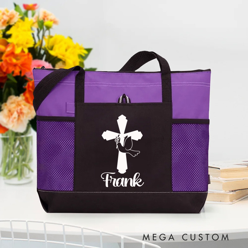Personalized Cross Dove Tote Bag with Name and Zipper Large Capacity Religious Accessory Gift for Christian Religious Christian Gifts 
