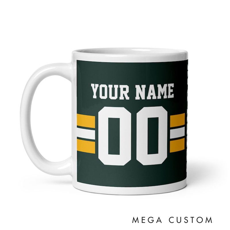 Personalized Football Themed Mug with Customizable Team Name Player Name and Jersey Number Perfect for Sports Fans and Players