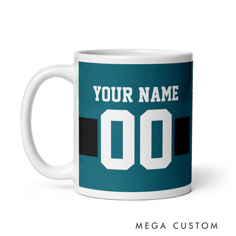Personalized Football Mug Featuring Custom Team Name Player Name and Jersey Number Design Perfect for Sports Fans and Enthusiasts