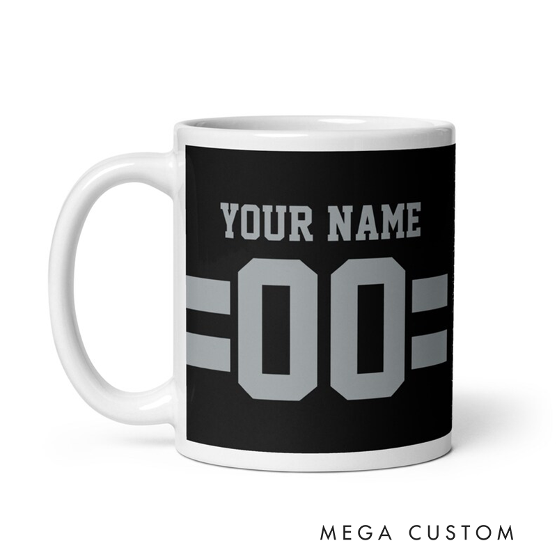 Personalized Football Mug with Customizable Team Name Player Name and Jersey Number Design in Sleek Black Style