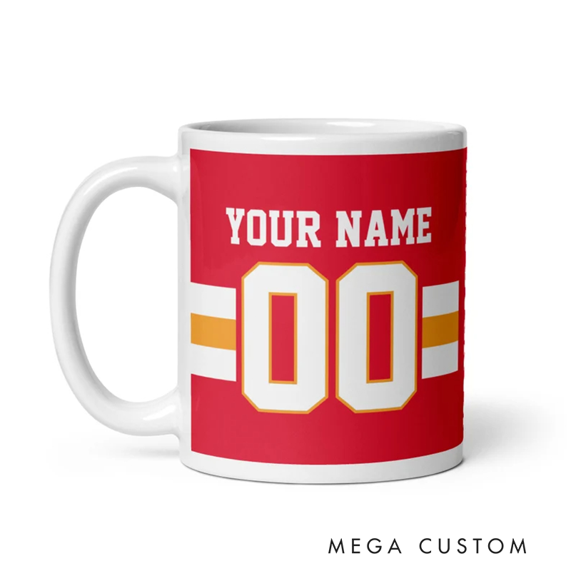 Personalized Football Mug with Custom Team Name Player Name and Jersey Number Featuring a Bold Red Design Perfect for Fans and Enthusiasts