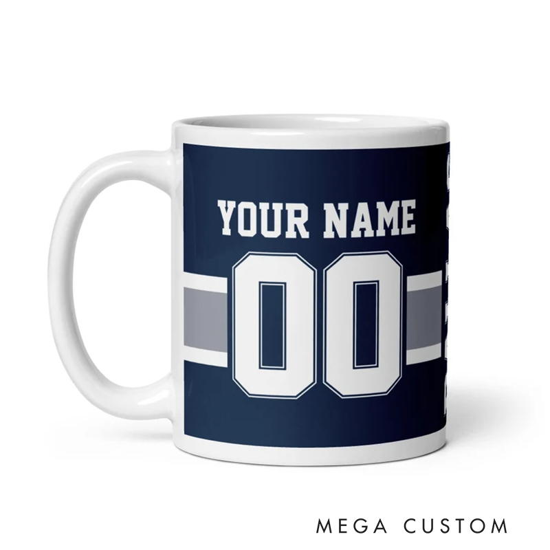 Personalized Football Mug with Customizable Team Name Player Name and Jersey Number in Classic Navy Blue Design