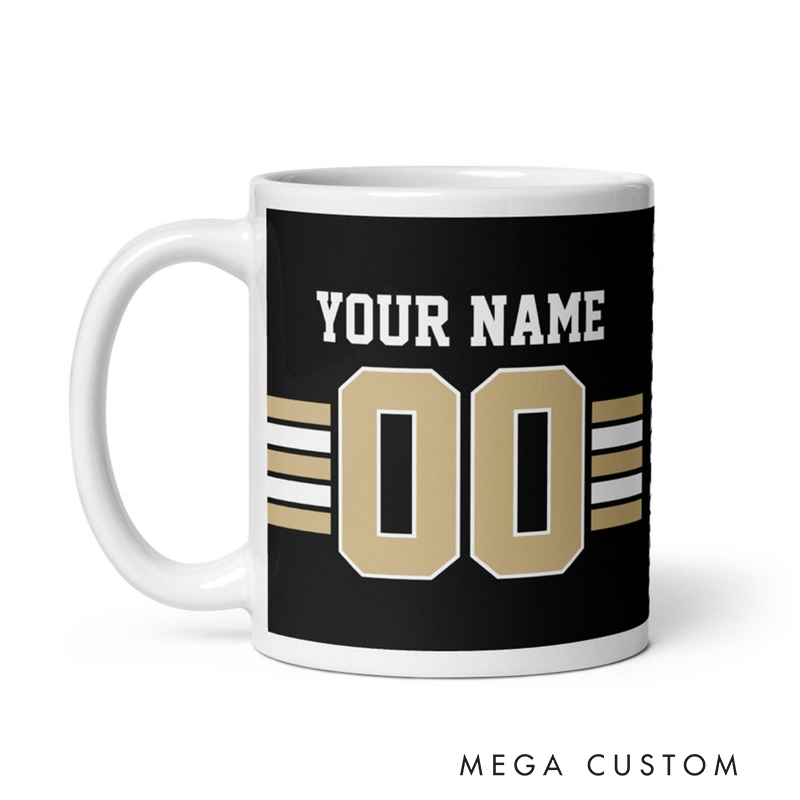 Personalized Football Mug with Customizable Team Name Player Name and Jersey Number in Sleek Black and Gold Design