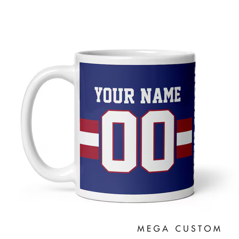 Personalized Football Mug with Customizable Team Name Player Name and Jersey Number in Bold Blue and Red Design
