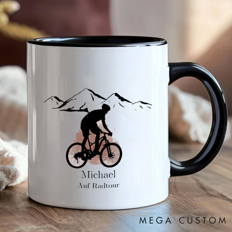 Personalized Mountain Biking Coffee Cup Mug with Name and Scenic Design for Outdoor Adventures Riding Cycling Biking Enthusiasts