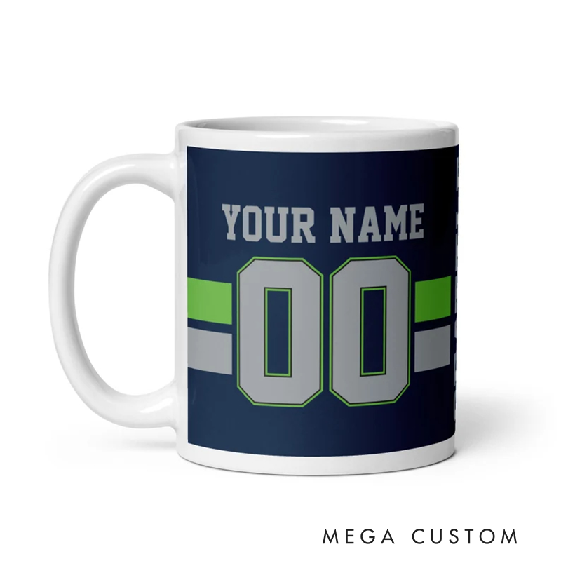 Personalized Football Mug with Customizable Team Name Player Name and Jersey Number in Navy Blue and Neon Green Design