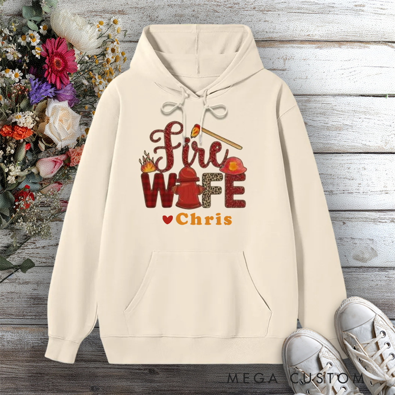 Personalized Fire Wife Hoodie with Fire Helmet Flame and Axe Design Gift for Firefighter Wives