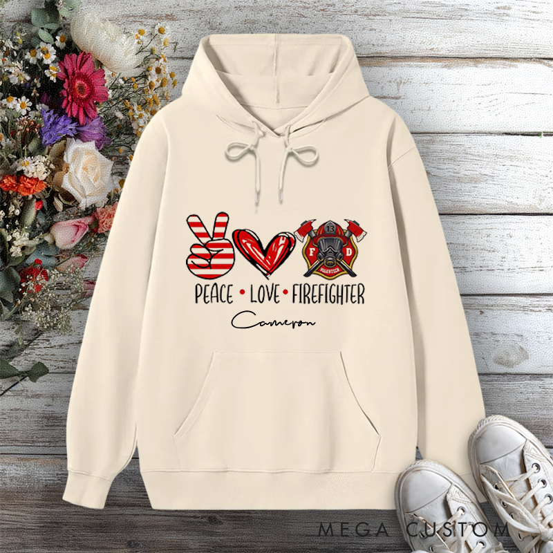 Personalized Hoodie Peace Love Firefighter Design with Hand Heart and Fire Helmet Elements Gift for Firefighter