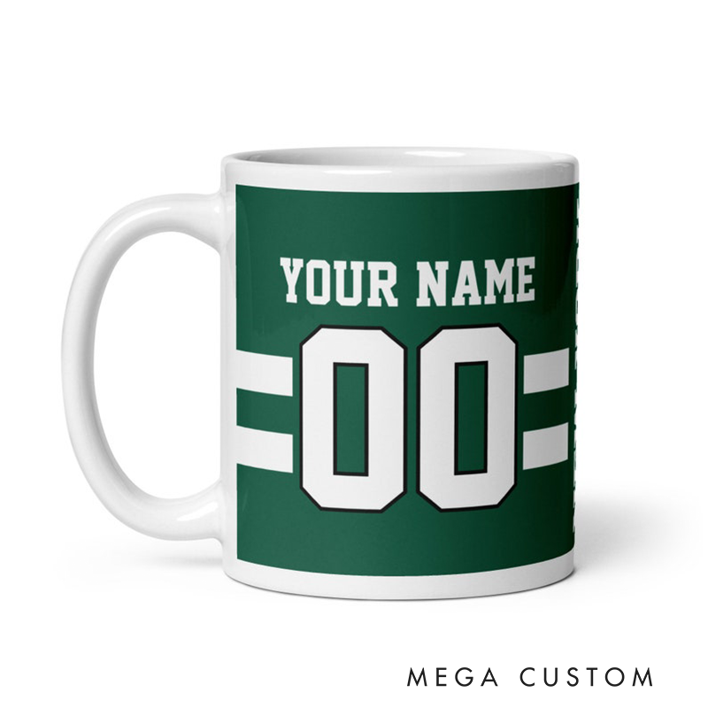 Personalized Football Mug with Customizable Team Name Player Name and Jersey Number in Classic Green and White Design
