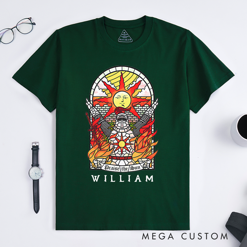 Personalized Tarot Lovers Classic T-Shirts Praise the Sun Medieval Knight Stained Glass Art T-Shirt Custom Fire Design Gift for Fans of Fantasy and Adventure