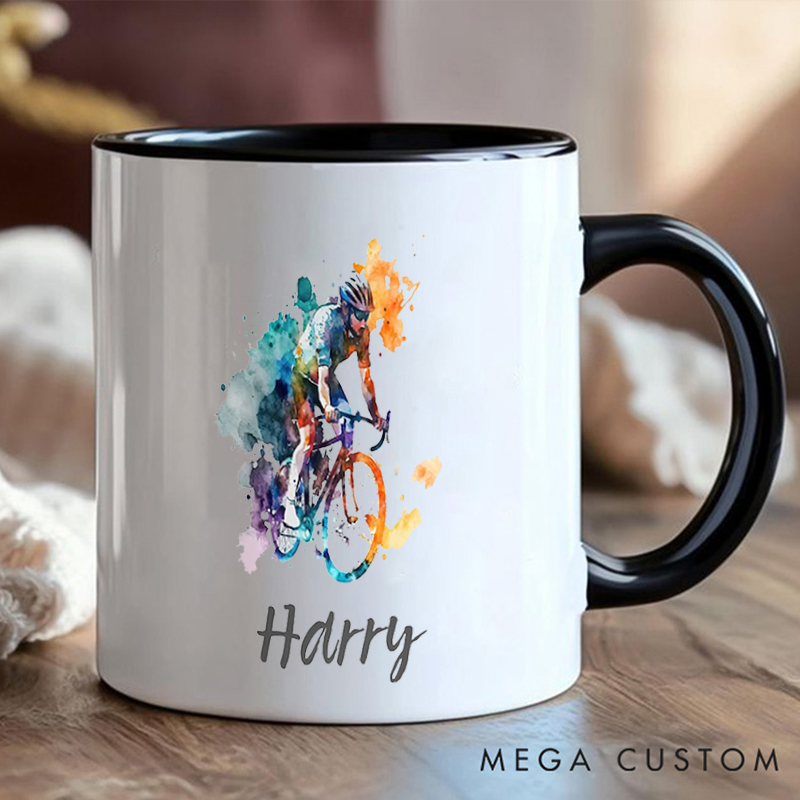Personalized Watercolor Cyclist Coffee Cup Mug with Art for Outdoor Adventures Riding Cycling Biking Enthusiasts