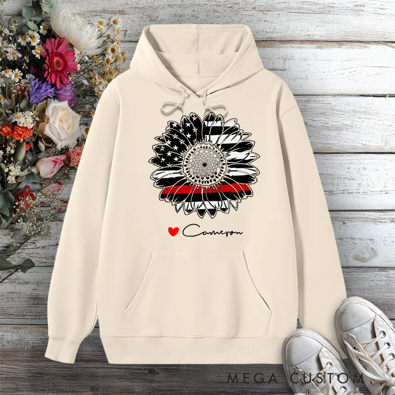 Personalized Hoodie Firefighter Thin Red Line Sunflower Design Gift for Firefighter