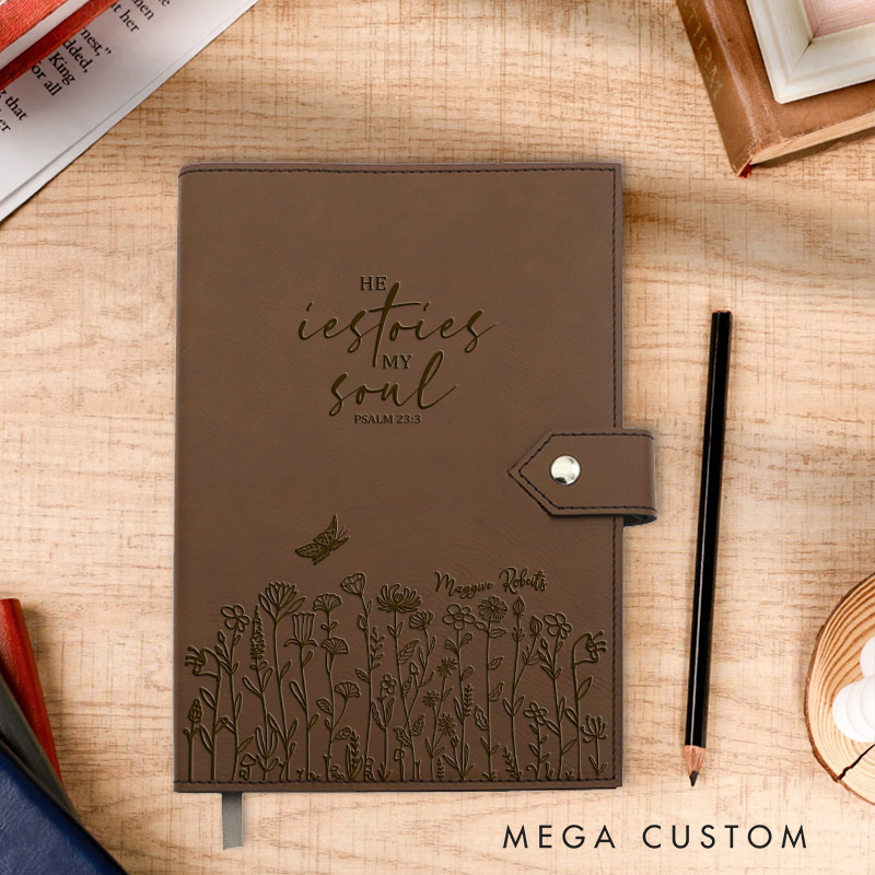 Personalized He Restores My Soul Flowers Journal for Women Leather Prayer Notebook with Name Gratitude Journal Christian Gifts for Women