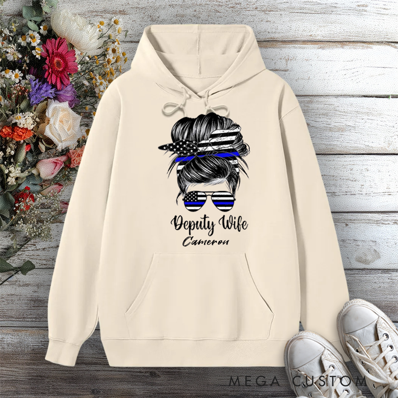Personalized Police Hoodie Deputy Wife Design with Messy Bun and Thin Blue Line Gift for Police officer