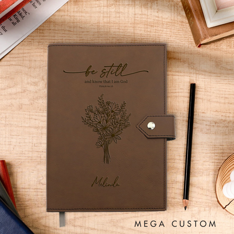Personalized Be Still with Bouquet Prayer Journal Leather Notebook with Name Religious Bible Verse Journal Christian Gift for Women Men Religious Gift