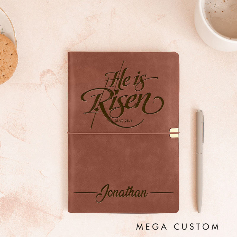 Personalized He is Risen Prayer Journal Leather A6 Devotional Notebook with Name Custom Religious Faith Journal Pastor Christian Gift for Women Men