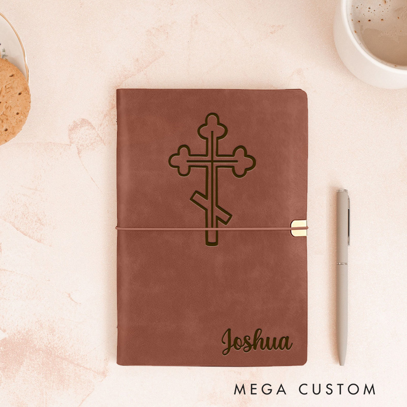 Personalized Triple-Bar Cross Prayer Journal Leather A6 Orthodox Prayer Notebook with Name Custom Nativity Lent Journal Religious Gift Baptism Gift