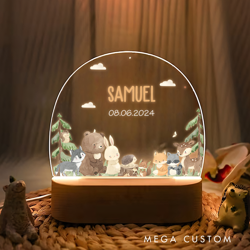 Personalized Night Lamp Made of Acrylic Forest Animals Baby Gift Birth Baby Shower Gift