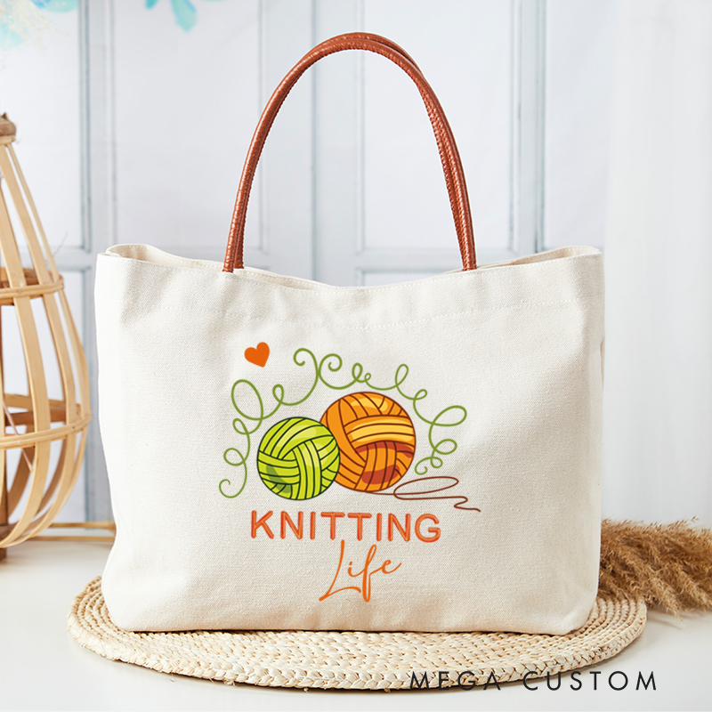 Personalized Knitting Life Tote Bag Knitting Lover Bag Crocheter Gift Yarn Ball Tote Bag Knitting Gift