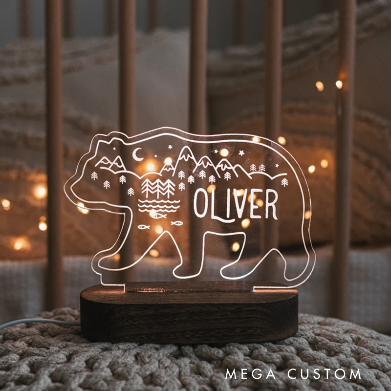 Personalized Bear and Mountain-Themed Design for Cozy Light Fixtures New Baby Girl Boy Gift