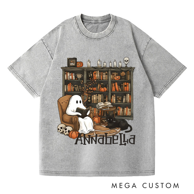 Personalized Retro Ghost Reading Books Washed T-Shirts Book Lover Shirt with Name Halloween Shirt Halloween Gifts Librarian Ghost Shirt