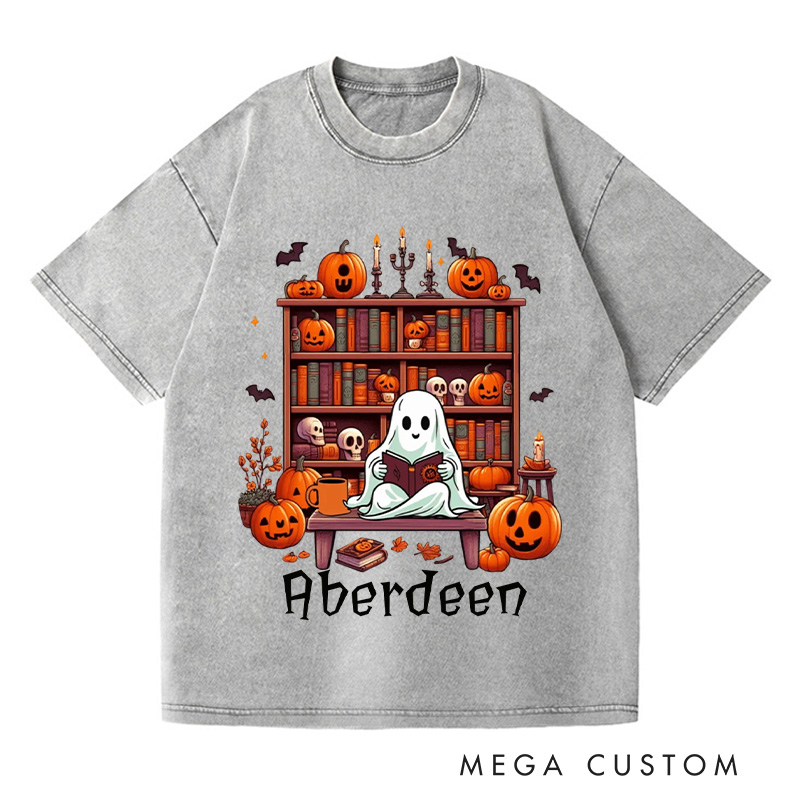 Personalized Ghost Book Reader Washed T-Shirts Reading Enthusiast Book Ghost Reader Tee for Literature Lover Boo Shirt Halloween Gifts