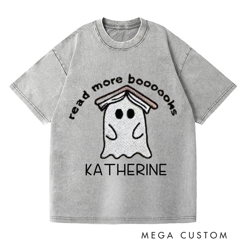 Personalized Ghost Book Washed T-Shirts Fall Spooky Season Tshirt Book Lover Shirt Cute Reading Ghost Shirt Halloween Gift Bookish-Librarian Gift
