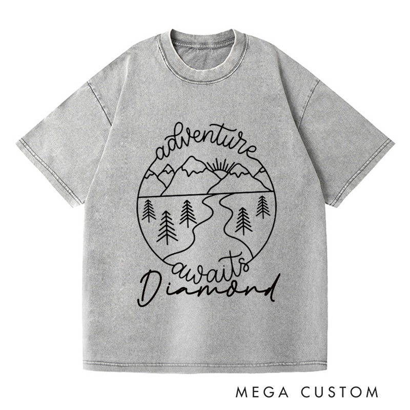 Personalized Adventure Awaits Travel Washed T-Shirts Mountain Shirt  with Name Tshirt Vacation Shirt Trip Lover Shirt Traveler Gift