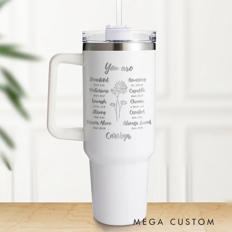 Personalized Birth Flower Bible Verse 40oz Insulated Tumbler with Name and Straw Christmas Gift for Women Christian Birthday Gift for Her