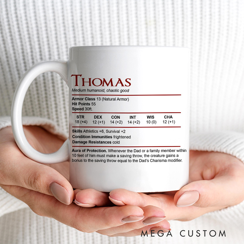 Personalized DnD Dad Mug DnD Stat Block Mug Dungeons & Dragons Coffee Mug Father's Day Gift